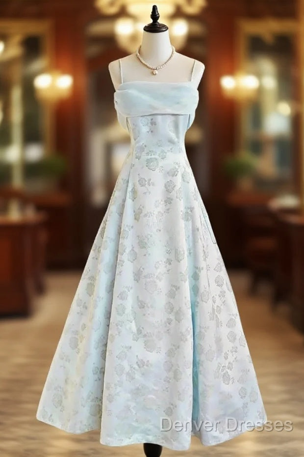Gentle Blue A-Line Spaghetti Strap Satin Chiffon Long Prom Dress Birthday Dress Graduation Prom Dress