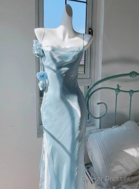 Gentle Blue Bodycon Dress Spaghetti Strap Chiffon Long Prom Dress Graduation Prom Dress