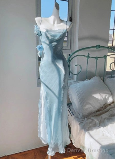 Gentle Blue Bodycon Dress Spaghetti Strap Chiffon Long Prom Dress Graduation Prom Dress Main image