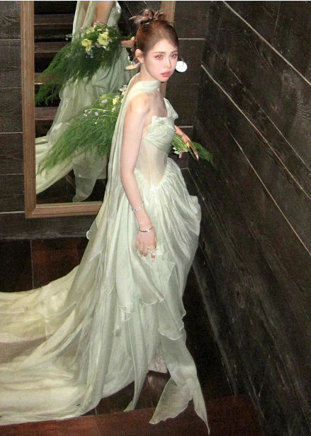 Gentle Light Green A-Line Strapless Layered Ruffled Tulle Train Prom Dress Evening Dress