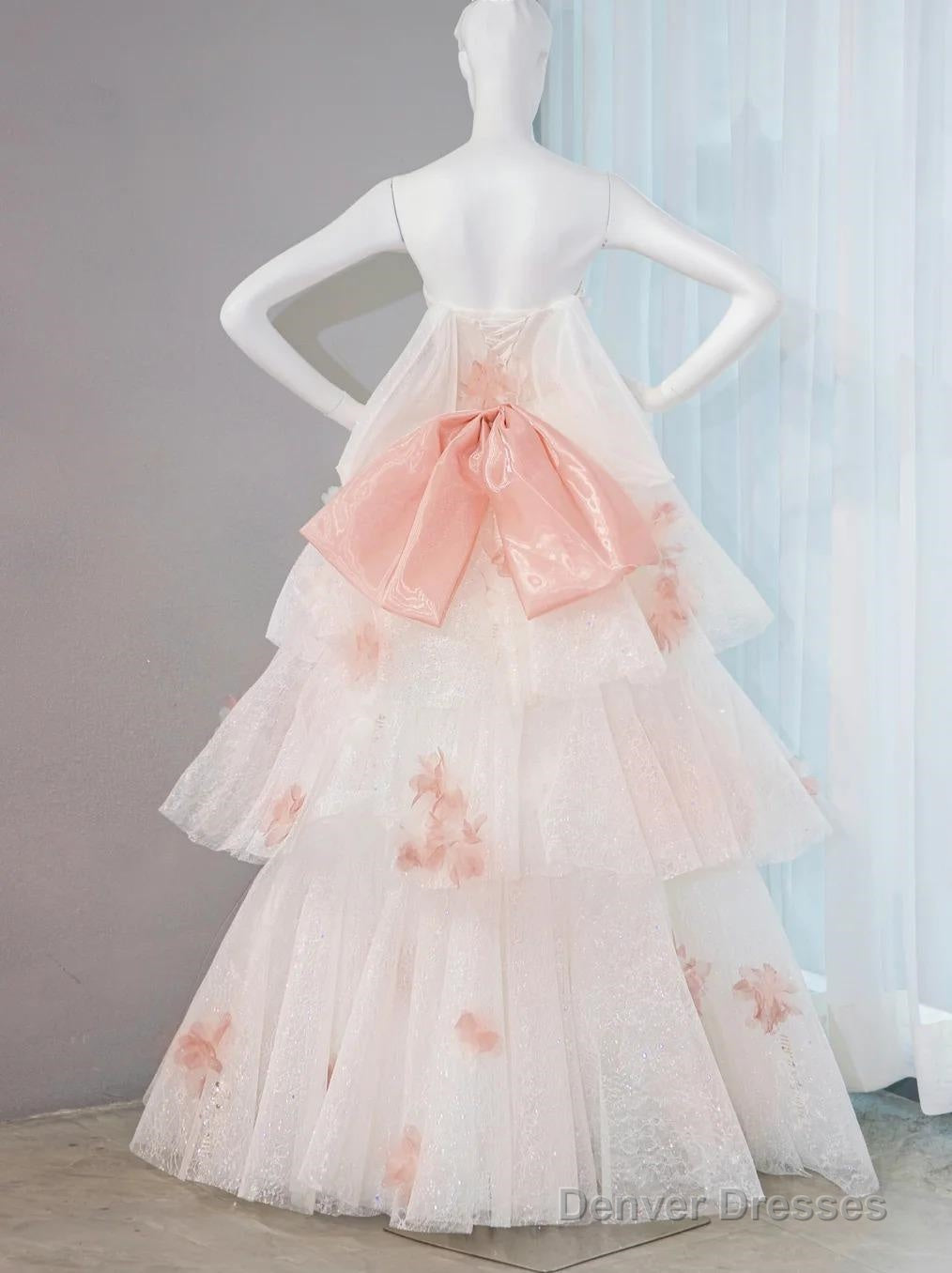 Gentle Pastel Layered A-Line Strapless Tulle Long Prom Dress Cute Applique Birthday Evening Dress