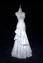 Sweet Spaghetti Straps Mermaid Evening Dress Pink Satin Layered Pleated Prom Dress With Beading