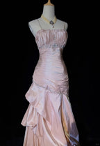 Sweet Spaghetti Straps Mermaid Evening Dress Pink Satin Layered Pleated Prom Dress With Beading