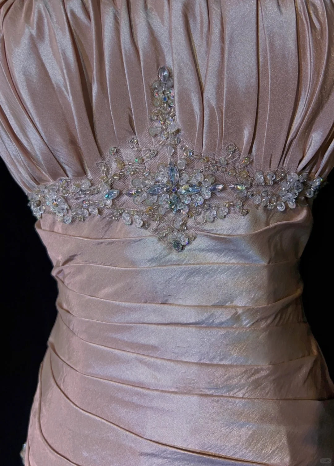 Sweet Spaghetti Straps Mermaid Evening Dress Pink Satin Layered Pleated Prom Dress With Beading