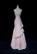 Sweet Spaghetti Straps Mermaid Evening Dress Pink Satin Layered Pleated Prom Dress With Beading