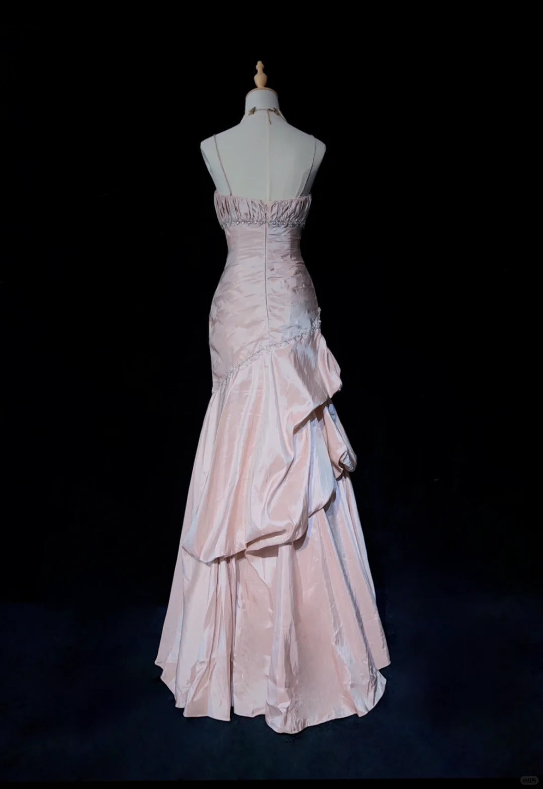 Sweet Spaghetti Straps Mermaid Evening Dress Pink Satin Layered Pleated Prom Dress With Beading