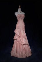 Sweet Spaghetti Straps Mermaid Evening Dress Pink Satin Layered Pleated Prom Dress With Beading
