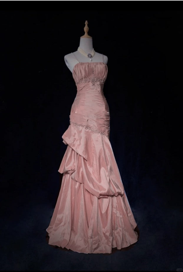 Sweet Spaghetti Straps Mermaid Evening Dress Pink Satin Layered Pleated Prom Dress With Beading