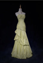 Sweet Spaghetti Straps Mermaid Evening Dress Pink Satin Layered Pleated Prom Dress With Beading