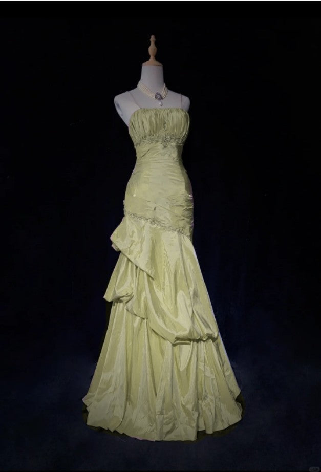 Sweet Spaghetti Straps Mermaid Evening Dress Pink Satin Layered Pleated Prom Dress With Beading