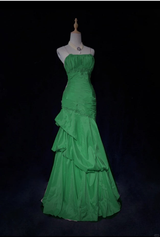 Sweet Spaghetti Straps Mermaid Evening Dress Pink Satin Layered Pleated Prom Dress With Beading