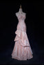 Sweet Spaghetti Straps Mermaid Evening Dress Pink Satin Layered Pleated Prom Dress With Beading