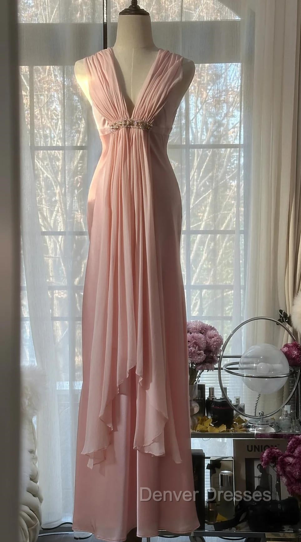 Gentle Pink Sheath Chiffon Ribbon V-Neck Simple Prom Dress