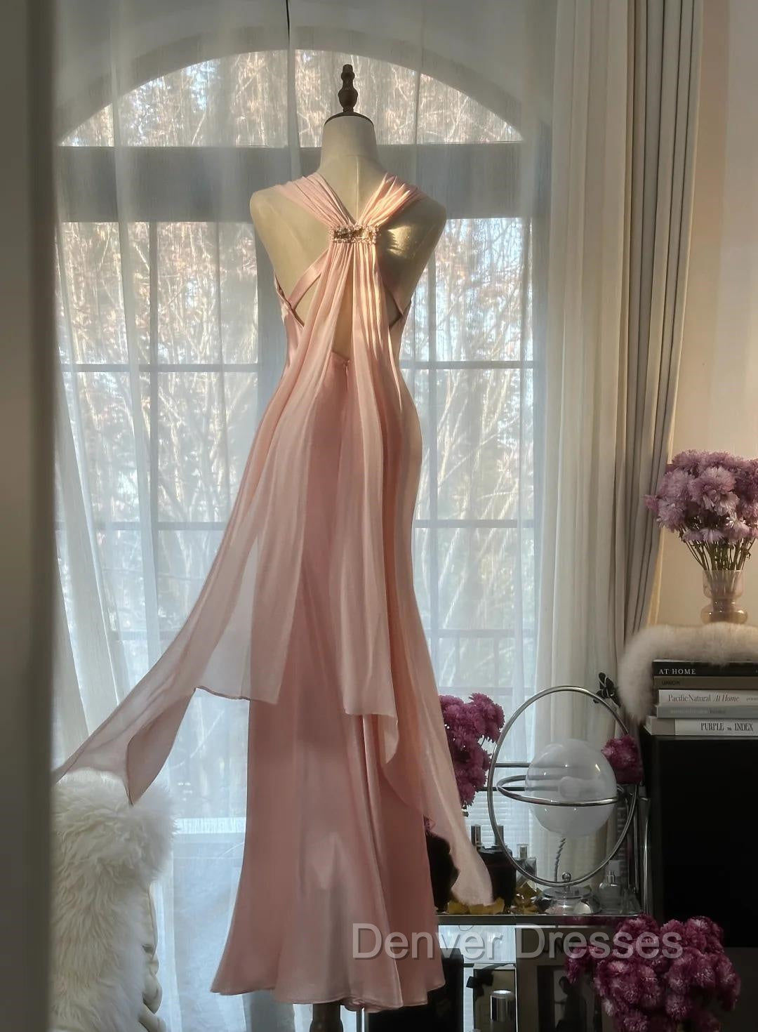 Gentle Pink Sheath Chiffon Ribbon V-Neck Simple Prom Dress