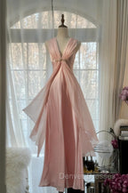 Gentle Pink Sheath Chiffon Ribbon V-Neck Simple Prom Dress