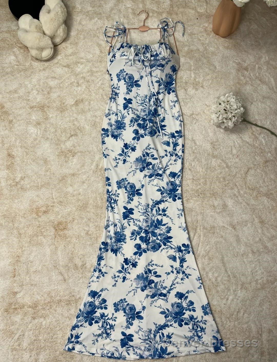 Gentle Print Spaghetti Strap Chiffon Mermaid Prom Dress