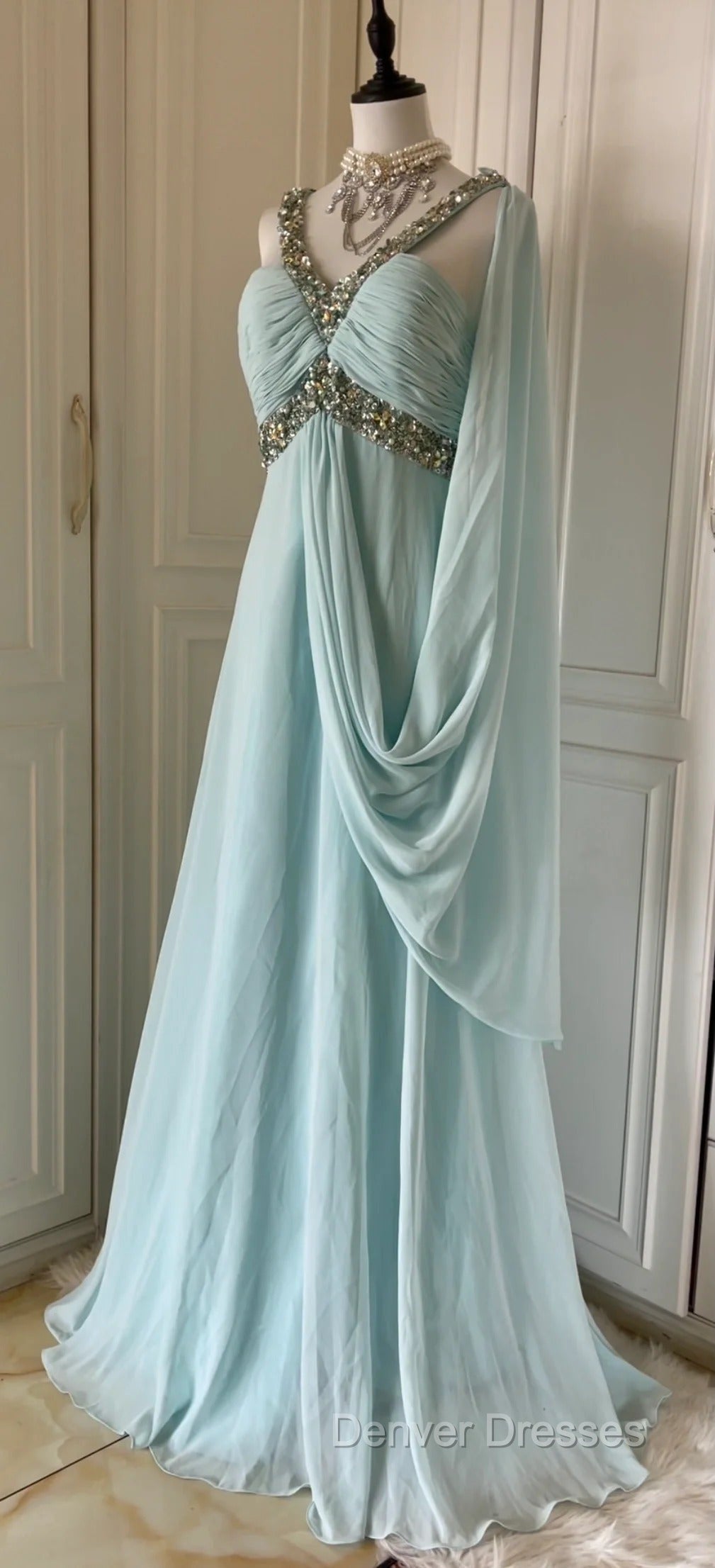 Gentle Tiffany Blue Chiffon V-Neck Beaded Sequin A-Line Long Prom Dress Wedding Evening Dress