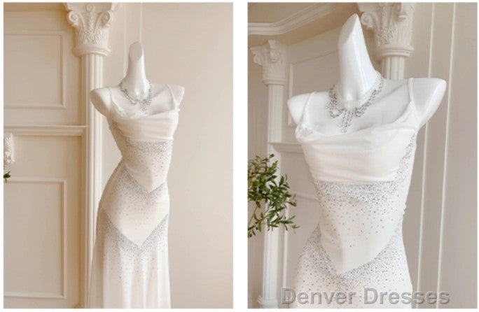 Gentle White Bodycon Dress Spaghetti Straps Prom Dress Graduation Prom Adult Ceremony Dress
