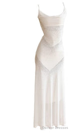 Gentle White Bodycon Dress Spaghetti Straps Prom Dress Graduation Prom Adult Ceremony Dress