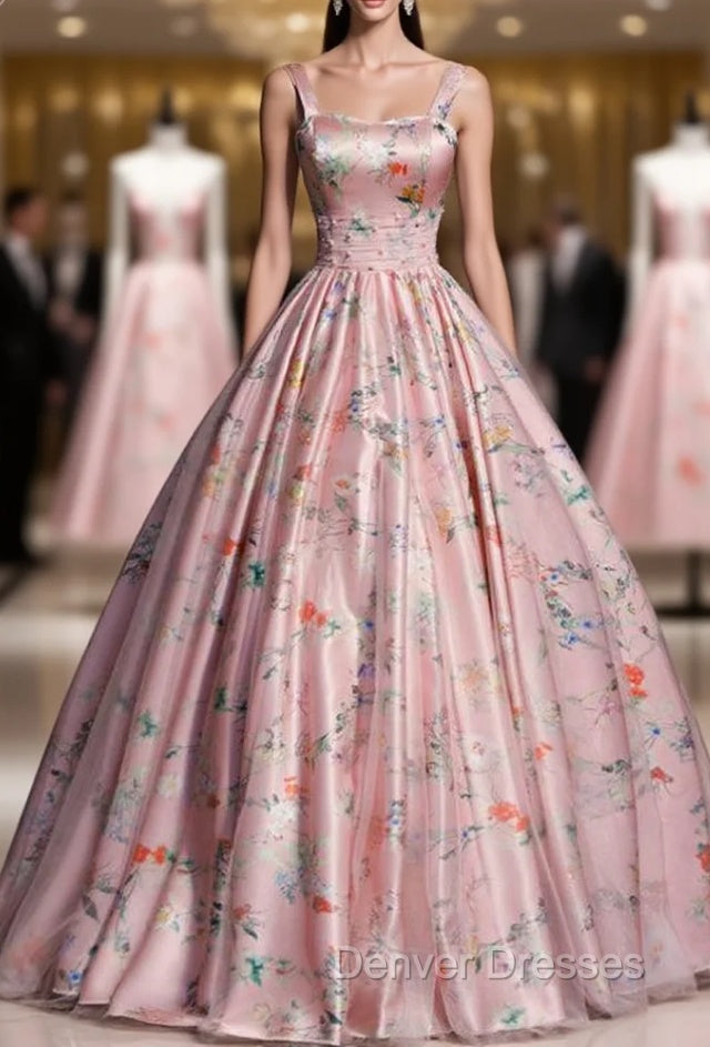 Get a Prom-Ready Look Pink Satin Ball Gown Print Straps Long Quinceanera Dress Main image