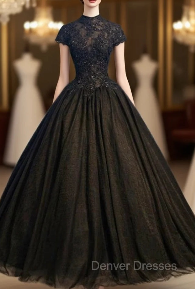 Get Your Discounts Black Ball Gown Tulle High Neck Cap Sleeve Backless Quinceanera Dress Main image
