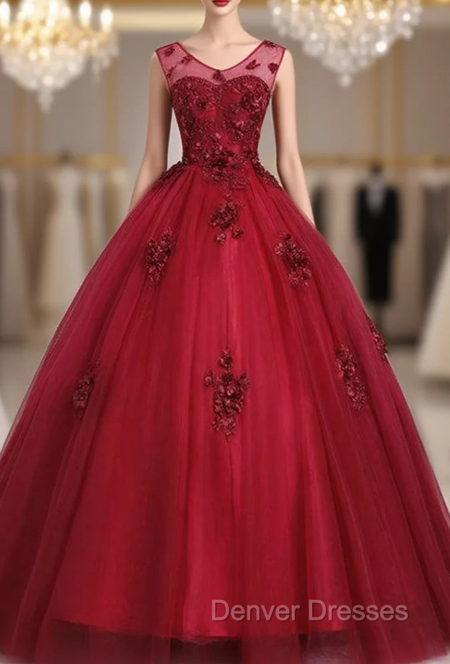 Get Your Discounts Burgundy Ball Gown Tulle Appliques V-neck Quinceanera Dress