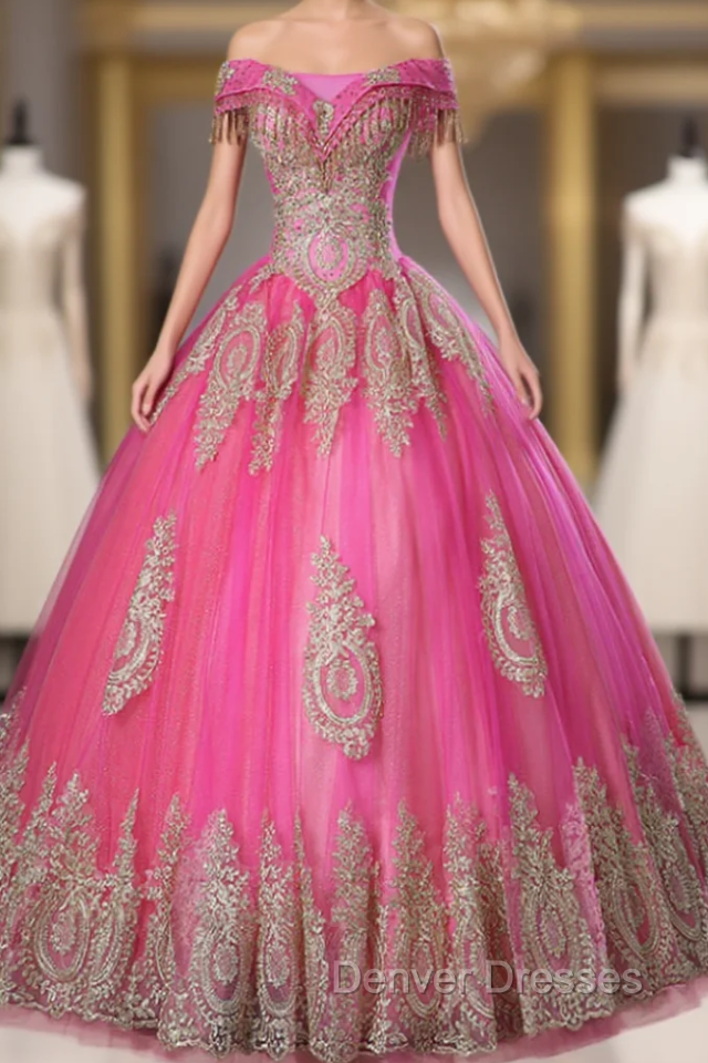 Get Your Discounts Fuchsia Ball Gown Tulle Appliques Beading Off the Shoulder Quinceanera Dress Main image