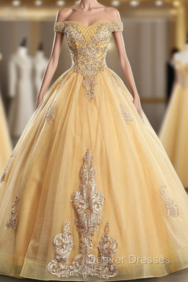 Get Your Discounts Gold Ball Gown Tulle Appliques Beading Off the Shoulder Quinceanera Dress Main image