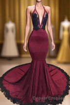 Burgundy Halter Deep V Neck Mermaid Prom Dress with Lace, Long Evening Gown