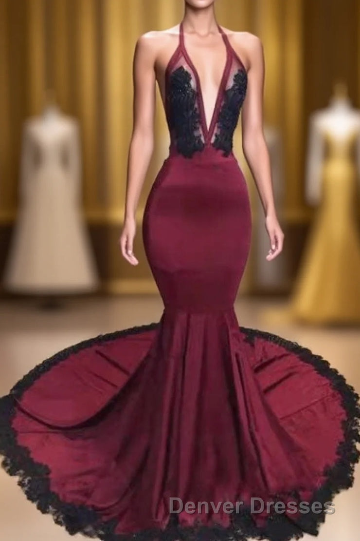 Burgundy Halter Deep V Neck Mermaid Prom Dress with Lace, Long Evening Gown