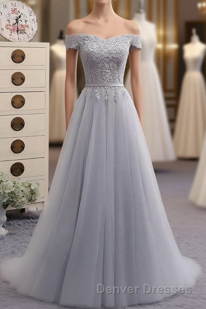 Gray A Line Lace Off Shoulder Prom Dress, Lace Evening Dress Main image