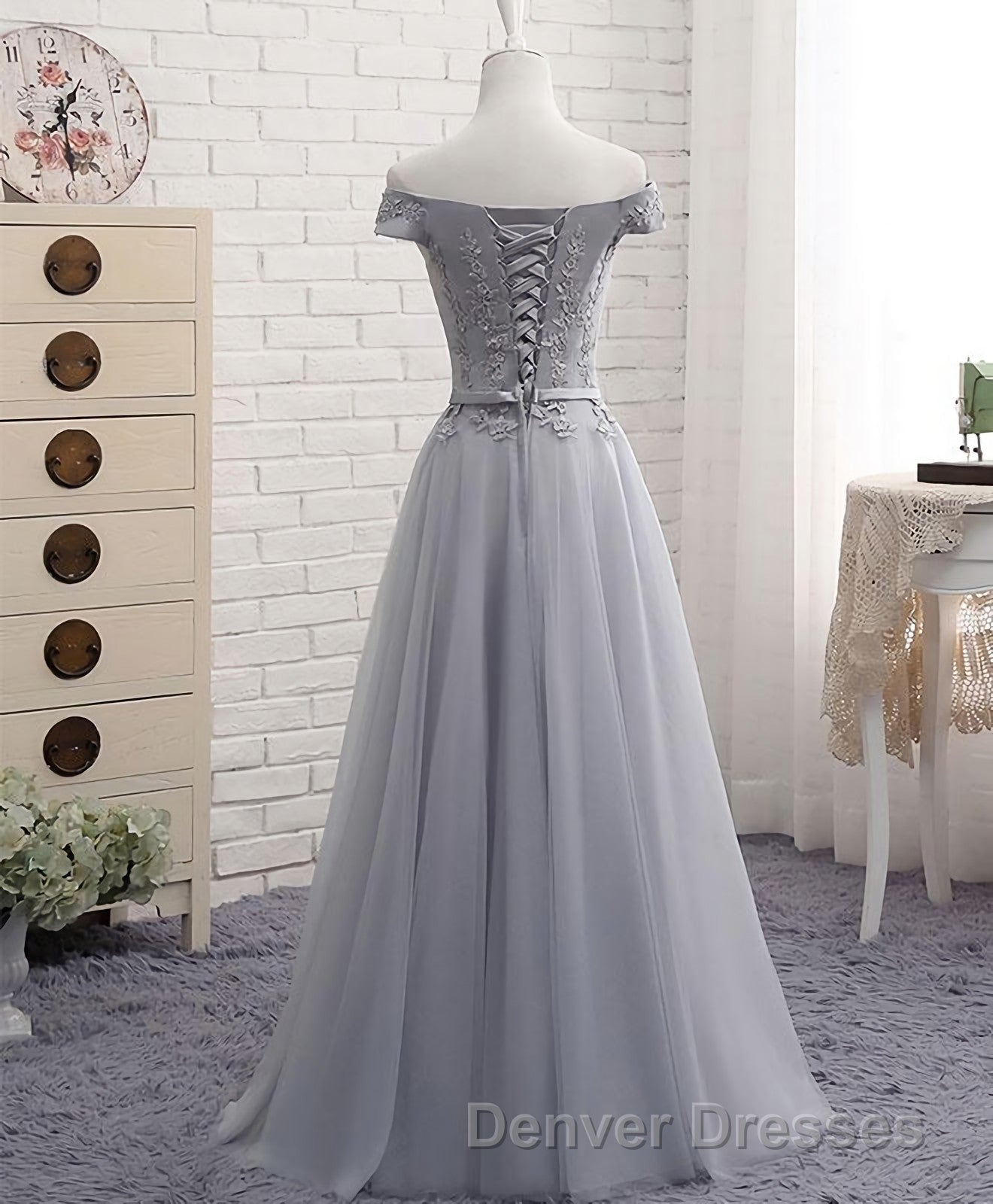 Gray A Line Lace Off Shoulder Prom Dress, Lace Evening Dress Secondary image