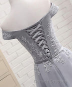Gray A Line Lace Off Shoulder Prom Dress, Lace Evening Dress