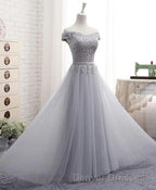 Gray A Line Lace Off Shoulder Prom Dress, Lace Evening Dress