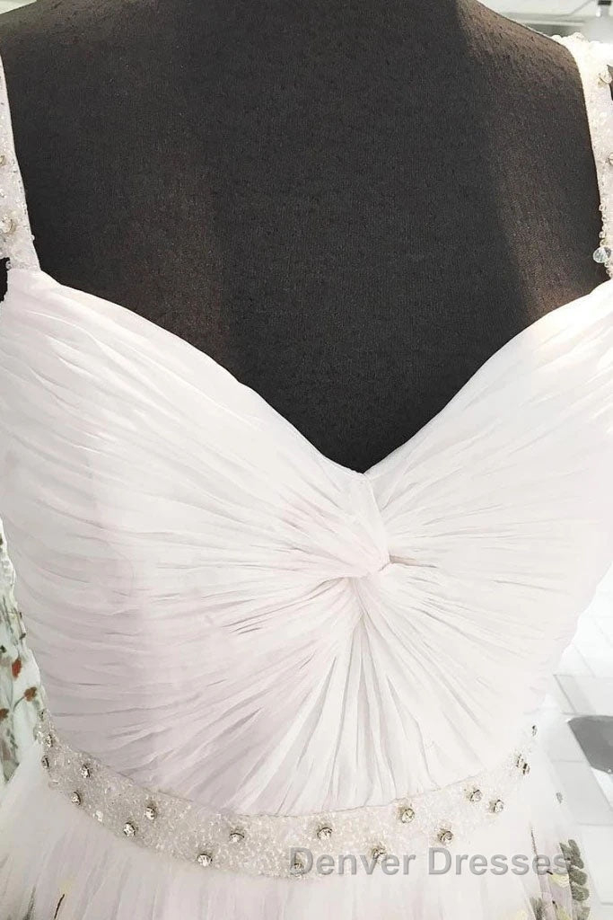 White Straps Floor Length Long Prom Dress with Lace Flowers Formal Dress Secondary image