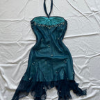 Blue Floral Beaded Short Halter Chiffon Homecoming Dress Birthday Party Dress
