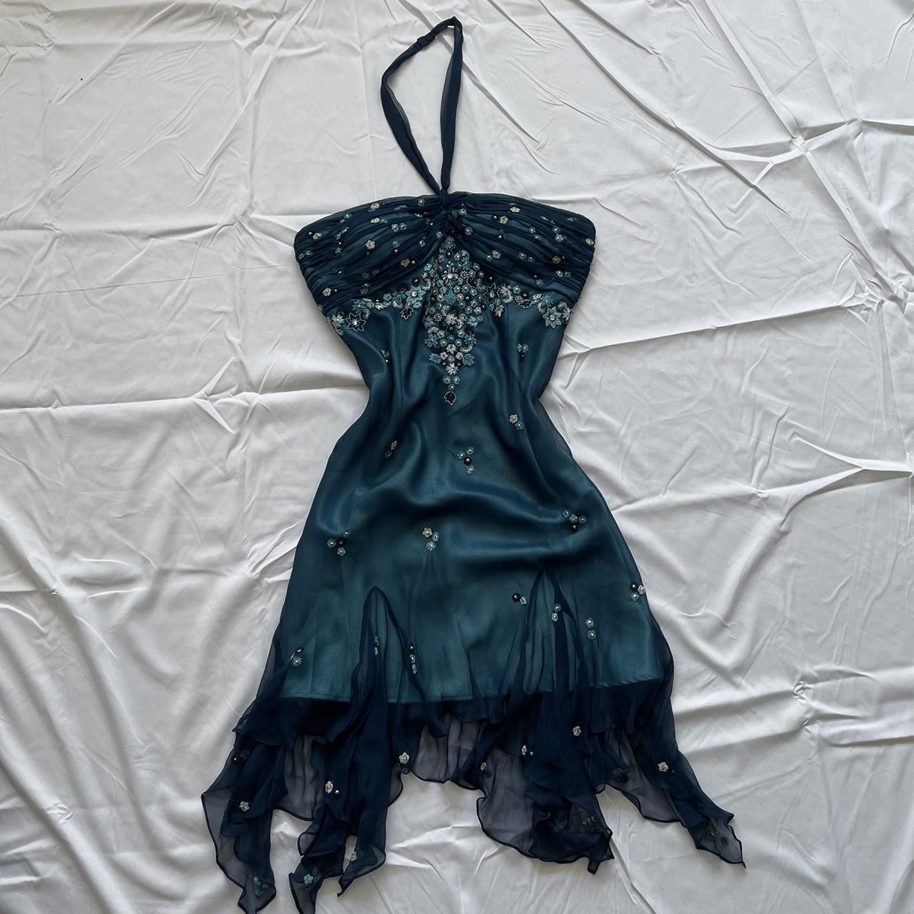 Blue Floral Beaded Short Halter Chiffon Homecoming Dress Birthday Party Dress