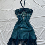 Blue Floral Beaded Short Halter Chiffon Homecoming Dress Birthday Party Dress