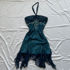 Blue Floral Beaded Short Halter Chiffon Homecoming Dress Birthday Party Dress