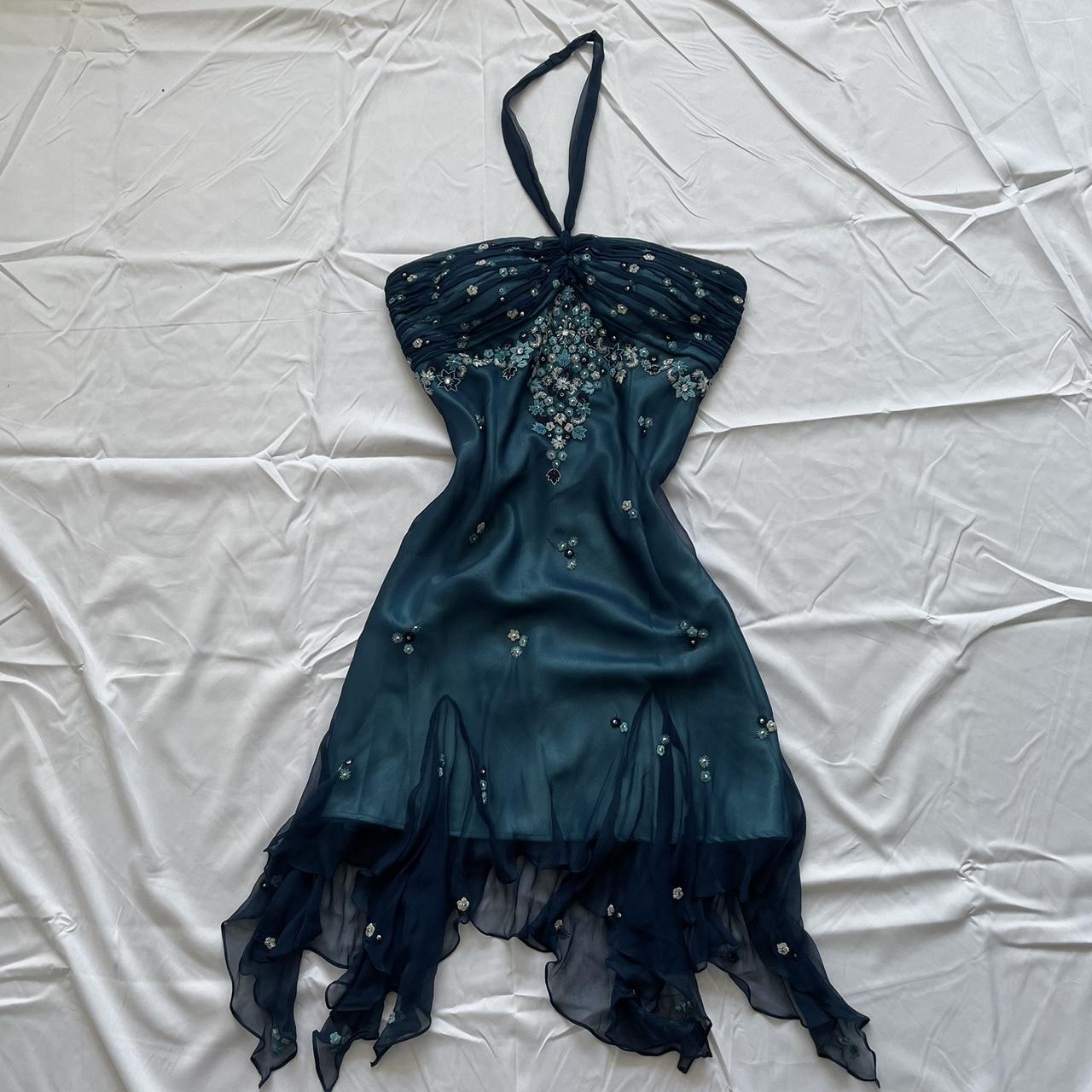 Blue Floral Beaded Short Halter Chiffon Homecoming Dress Birthday Party Dress
