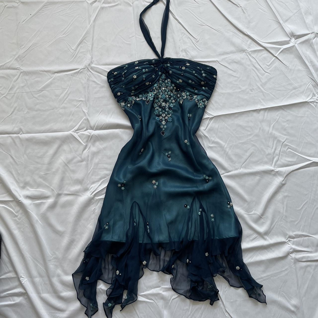 Blue Floral Beaded Short Halter Chiffon Homecoming Dress Birthday Party Dress Main image