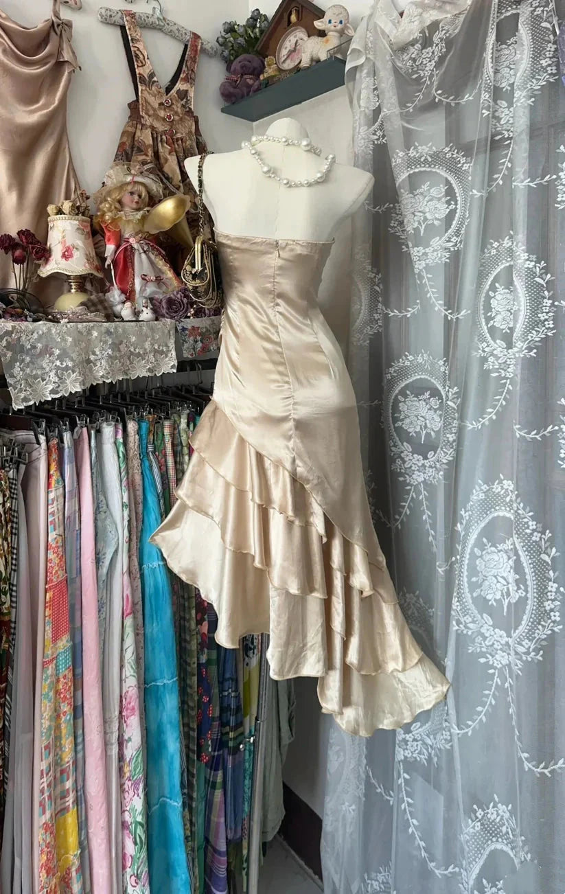 Girlhomeshops-Champagne Short Ruffle Satin Homecoming Dress Birthday Dress