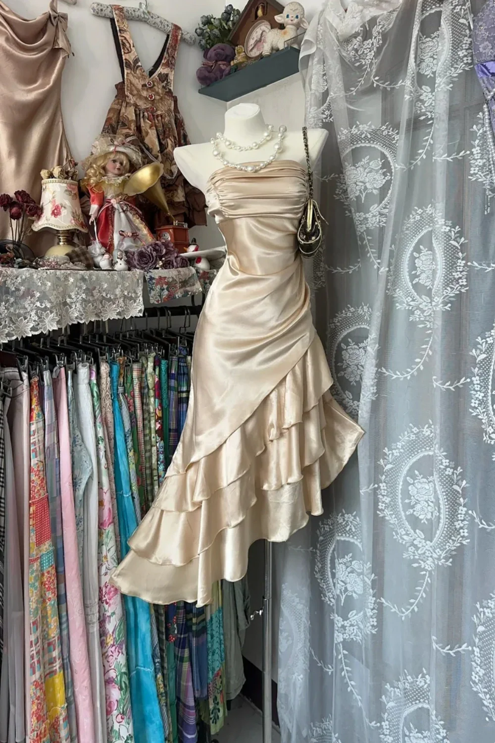 Girlhomeshops-Champagne Short Ruffle Satin Homecoming Dress Birthday Dress Main image