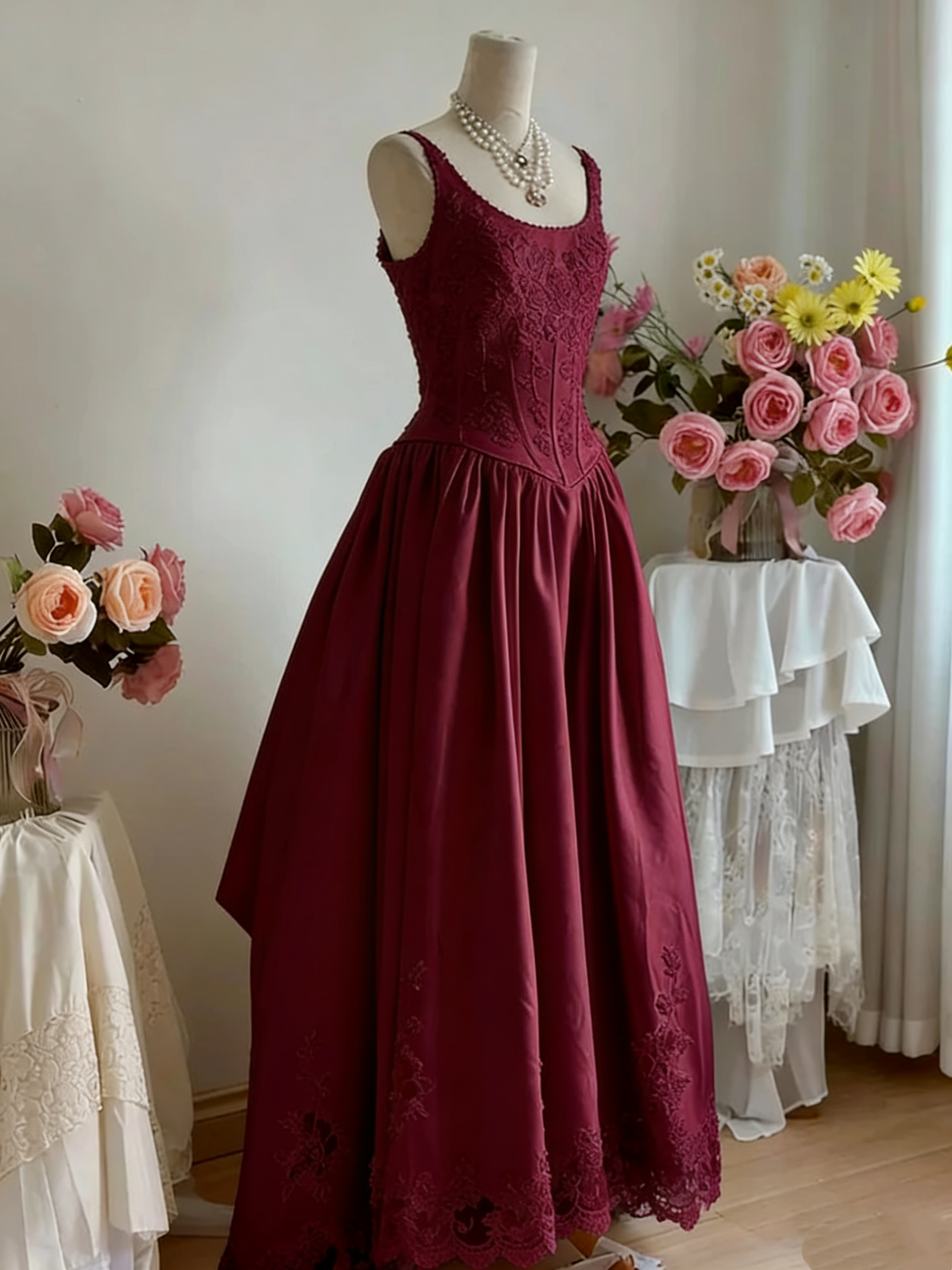 White Lace Retro Elegant Long Satin Dress Secondary image