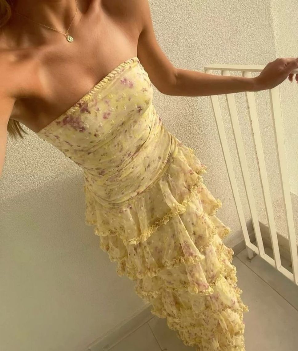 Yellow Floral Long Chiffon Party Dress Wedding Guest Dress Main image