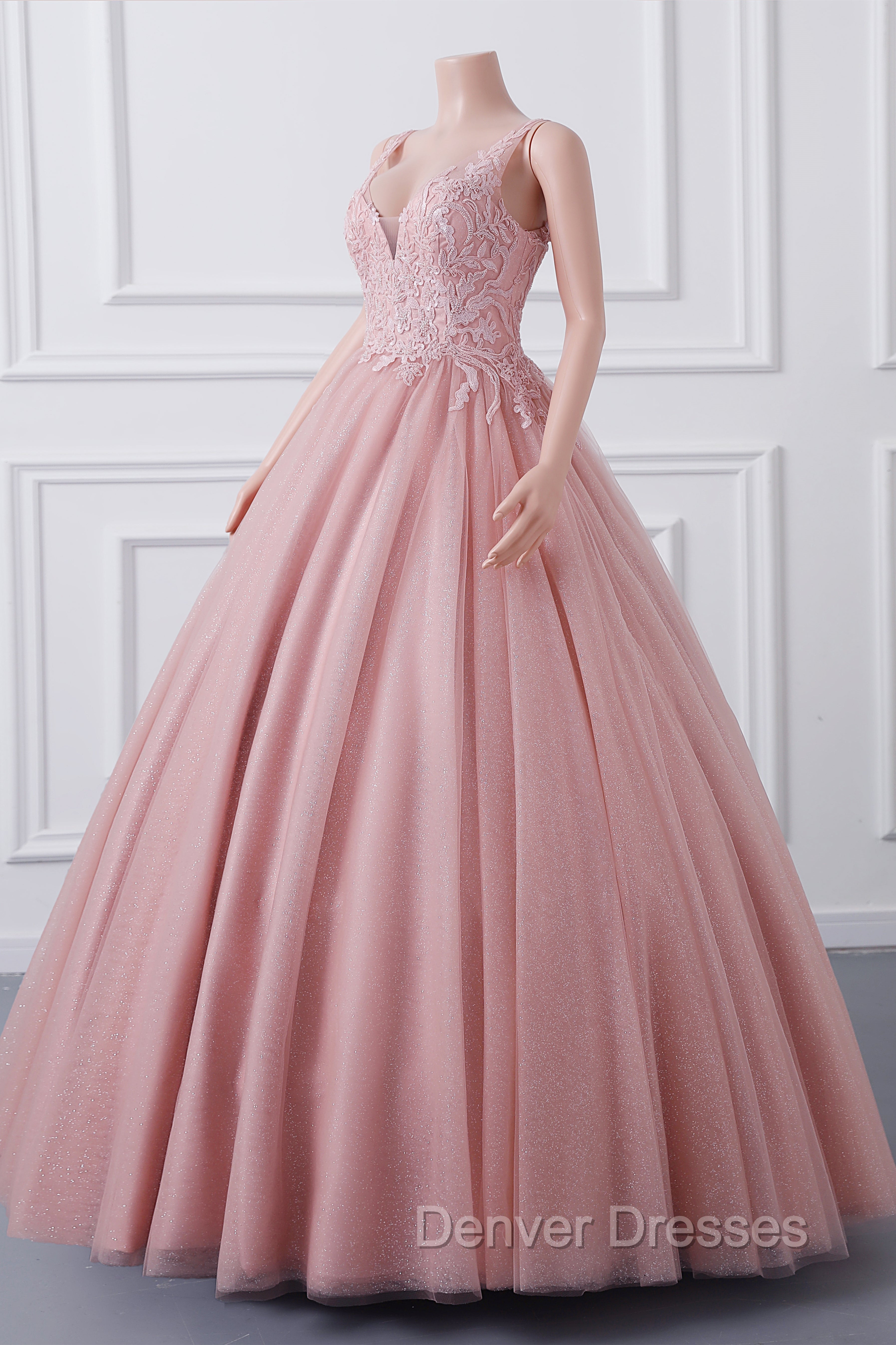 Girls Sequins V neck Dusty Rose Prom Dress A-line Tulle Ball Gown Quinceanera Dress Sweet 16 Party Dress