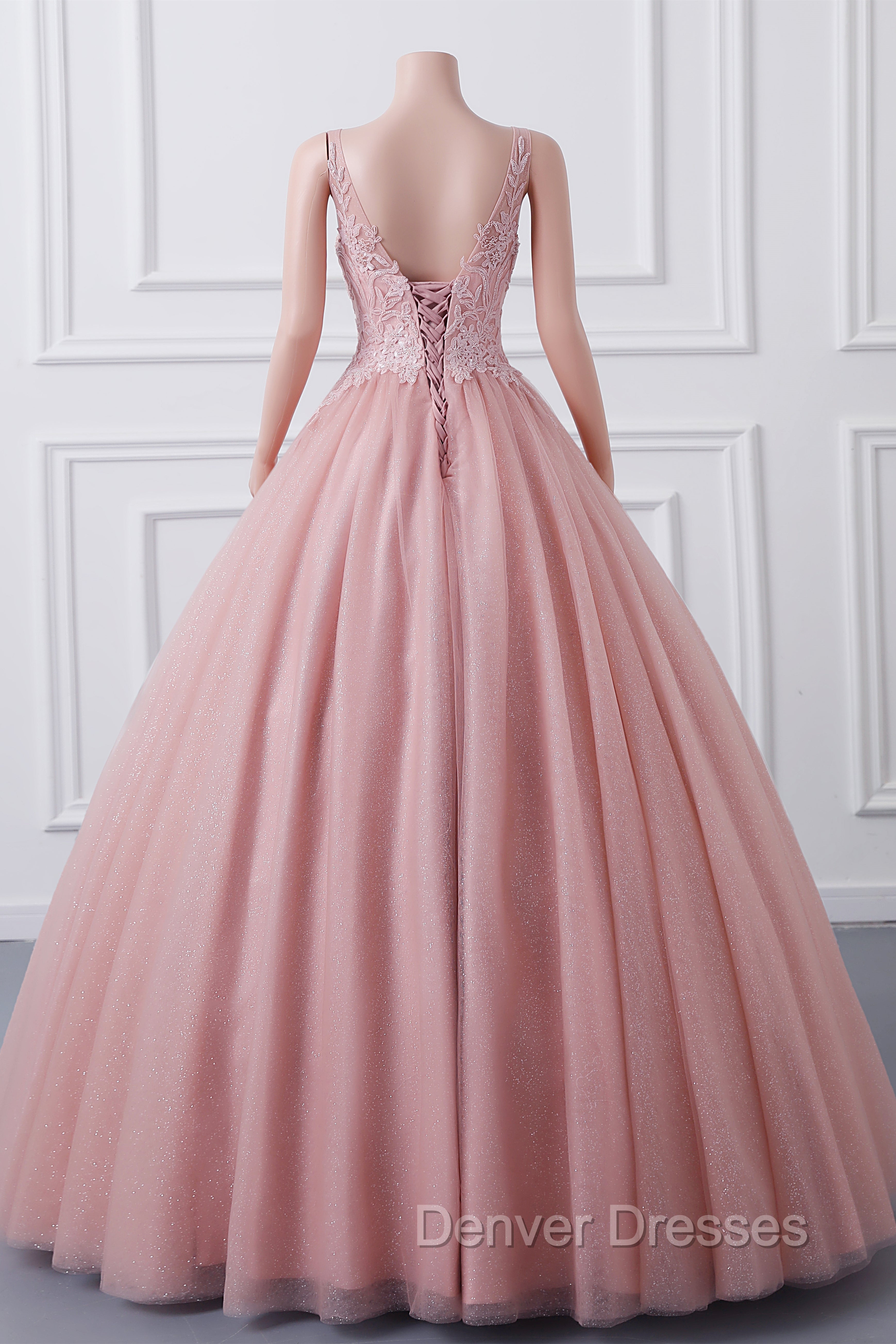 Girls Sequins V neck Dusty Rose Prom Dress A-line Tulle Ball Gown Quinceanera Dress Sweet 16 Party Dress