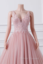 Girls Sequins V neck Dusty Rose Prom Dress A-line Tulle Ball Gown Quinceanera Dress Sweet 16 Party Dress