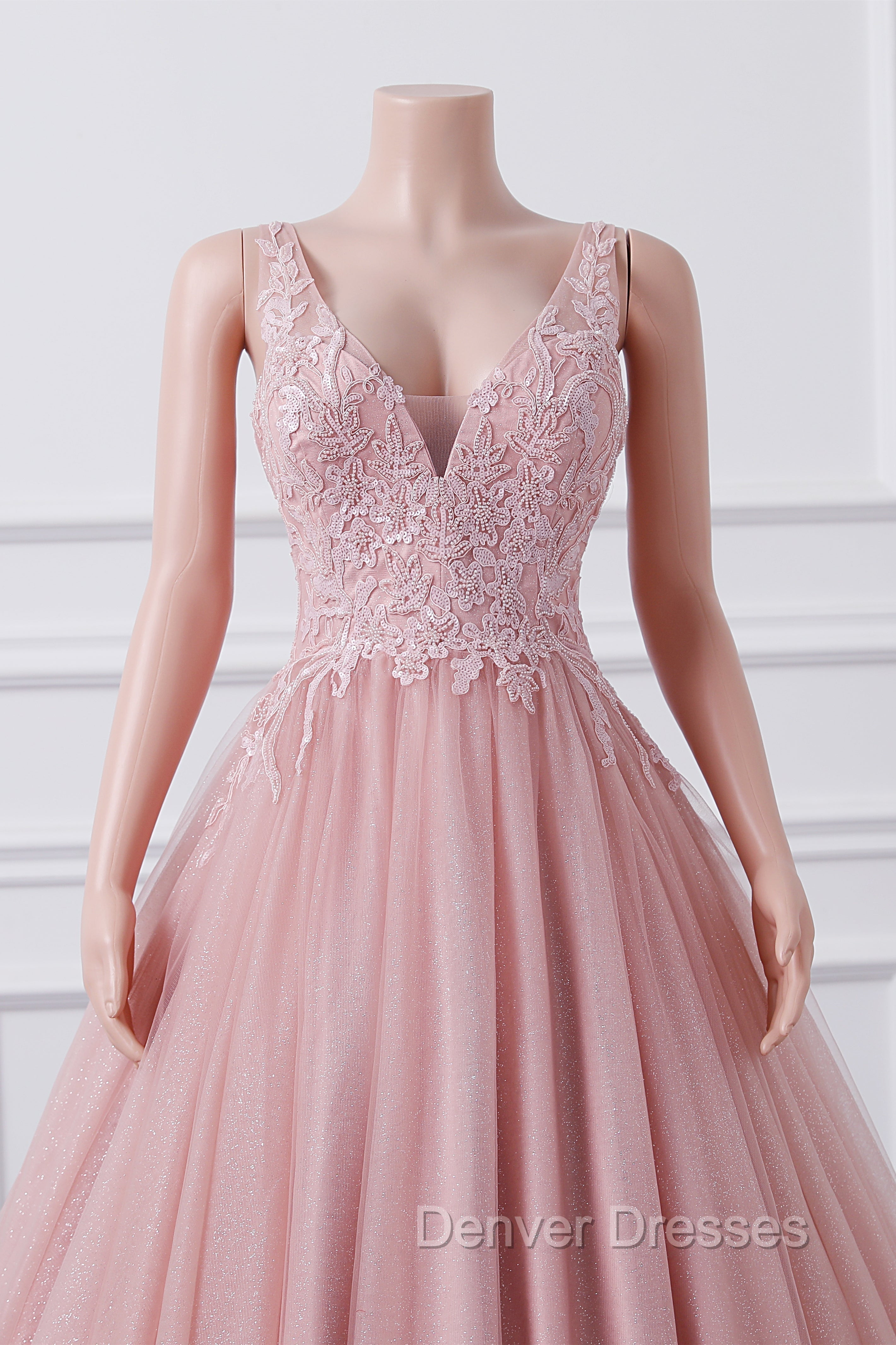 Girls Sequins V neck Dusty Rose Prom Dress A-line Tulle Ball Gown Quinceanera Dress Sweet 16 Party Dress