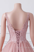 Girls Sequins V neck Dusty Rose Prom Dress A-line Tulle Ball Gown Quinceanera Dress Sweet 16 Party Dress